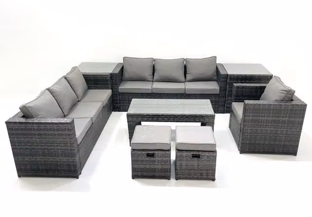 Fimous 9 Seater Rattan Garden Furniture Set in Dark Grey with Glass Top Coffee Table and 2 Side Tables