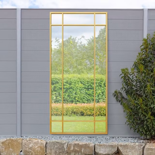 MirrorOutlet Genestra Modern Geometric Gold Outdoor Garden Wall Mirror, W/H: 85 x 180 cm