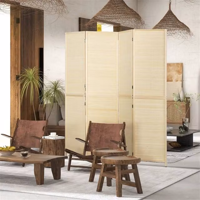 EONLION 4 Panel Folding Freestanding Room Divider in Beige Sand Rattan and Bamboo, H 180 cm x W 100 cm – 1