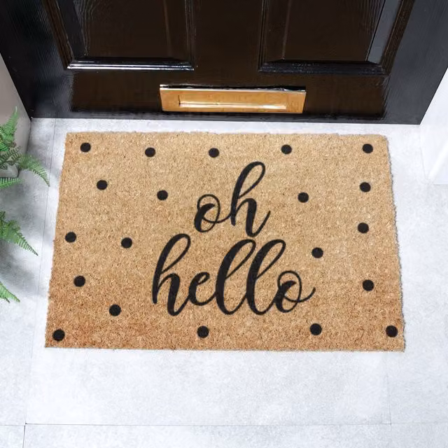 Artsy Mats Oh Hello Brown Coir and Natural Rubber Non-Slip Weatherproof Rectangular Doormat