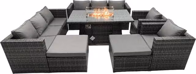 Fimous 10-Seater Rattan Garden Firepit Dining Set with Fire Pit Table and 2 Large Footstools in Dark Grey Mixed Rattan and Fabric