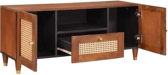 Berkfield Brown Cane and Solid Mango Wood Home Media Storage Cabinet