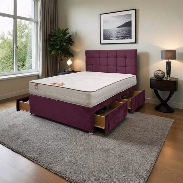 Knight Sleep Cubed Plush Bed Set with Mattress and Headboard in Purple Velvet, W/D/H: 180 x 200 cm