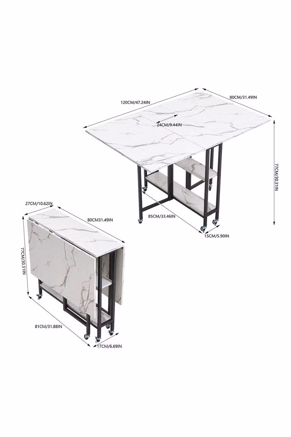 Living and Home Modern Rectangular Folding Dining Table with Castors and Storage Shelves in White and Black – 3