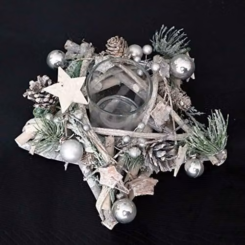 Shatchi Star Shape Wooden Candle Holder Tabletop Centrepiece with Red and Silver Baubles, Berries and Cones, W/D/H: 24 x 24 x 11 cm – 3