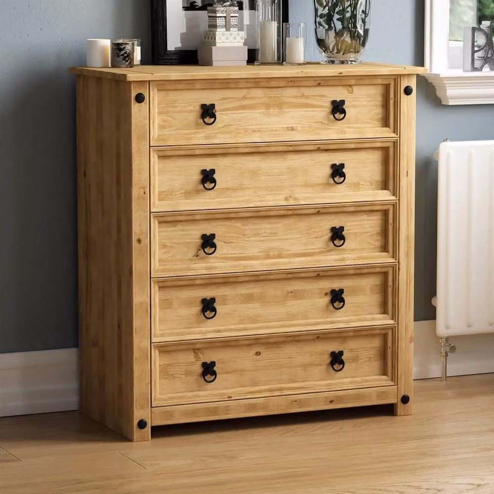FLAVORA 5 Drawer Chest in Rustic Distressed Brown Waxed Pine – 2