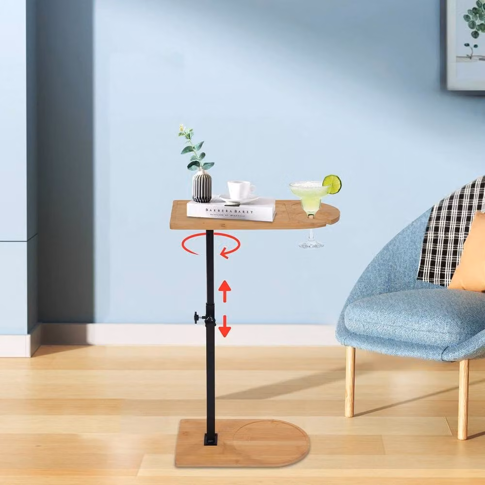 KORVIXA C-shaped Side End Table in Natural Brown Wood with Height Adjustable Design – 2