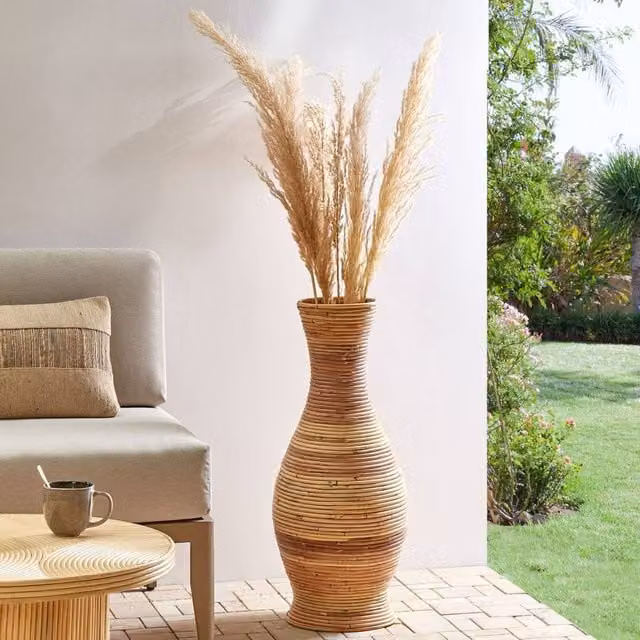 Wyld and Coco Handcrafted Rattan Vase in Natural Brown, Height: 70 cm