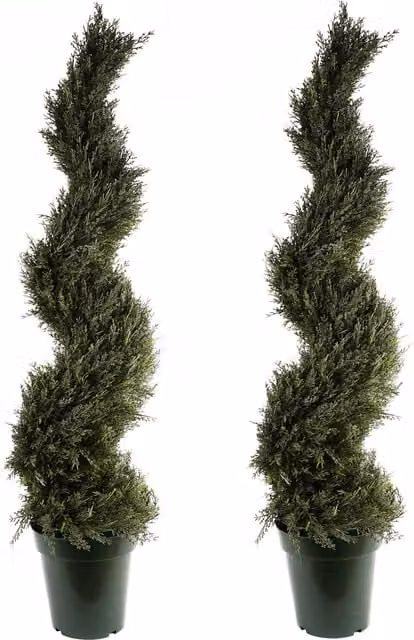 Pair of Green UV Resistant Plastic Cypress Spiral Tabletop Trees