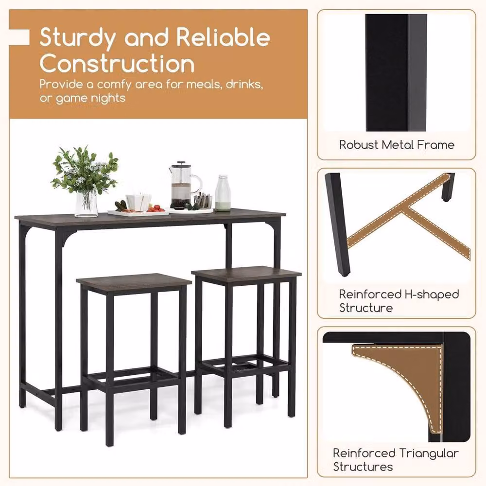 KORVIXA Industrial Kitchen Table and 2 Bar Stools Set in Matt Grey, W/D/H: 100 x 100 x 120.65 cm – 4