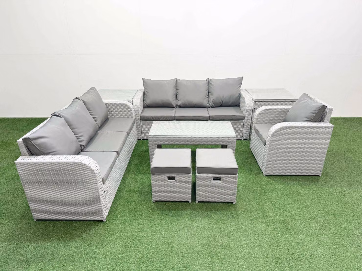 Fimous 9 Seater Poly Rattan Garden Furniture Set in Grey with Oblong Coffee Table, 3 Seater Sofas, Reclining Chairs, Stools and Ottoman