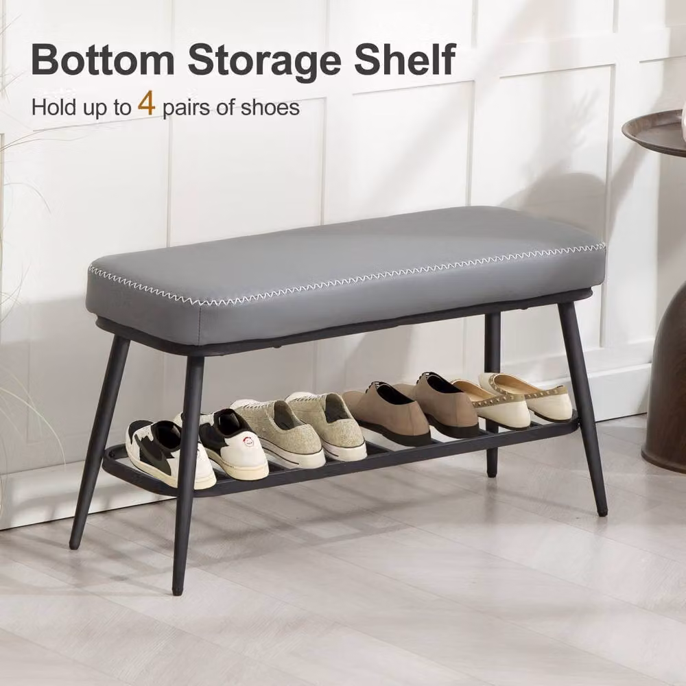 Wyld Haus Hanoke Grey Faux Leather Shoe Storage Bench with Cushioned Seat – 4