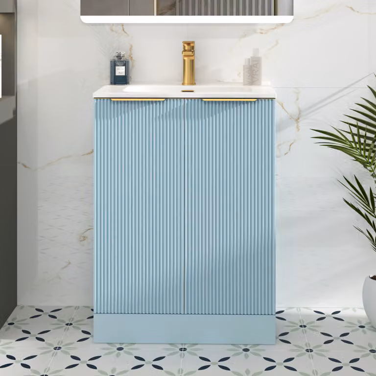 Royal Bathrooms Evora Powder Blue Fluted Floor Standing 2 Door Vanity Unit with Ceramic Basin