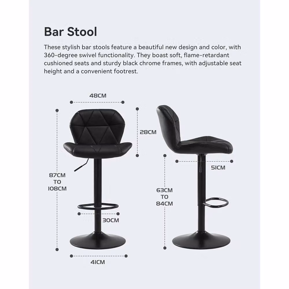 VOGREX Set of 2 Black Faux Leather Swivel Adjustable Bar Stools – 2