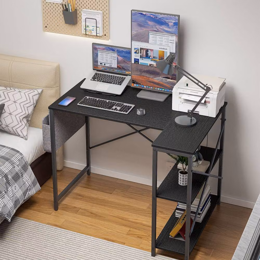 Huhote Modern L Shaped Corner Desk with 2 Shelves and Storage Bag in Black – 5