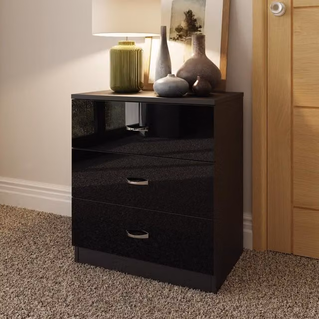 FWStyle Chilton Black Gloss 3 Drawer Chest, H 68.5 x W 60 x D 40 cm – 1