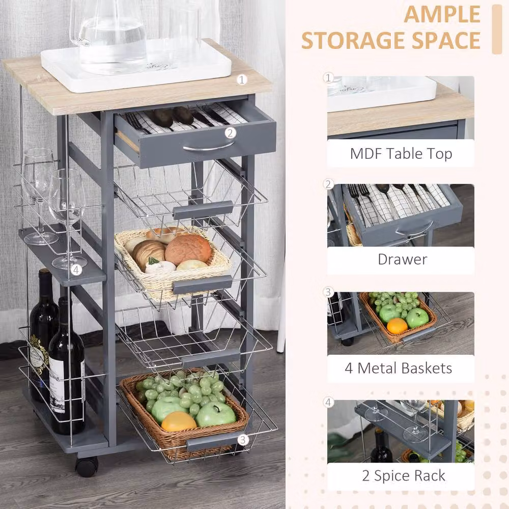 STILVORA Grey Freestanding Storage Cart with 4 Baskets and Side Racks – 3