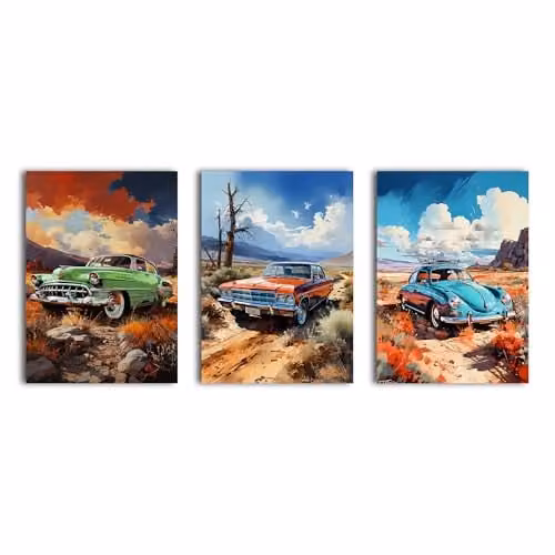 Simpa 3 Panel Vintage Classic Cars Canvas Wall Art, Multicolour Rectangular Framed and Stretched Artwork