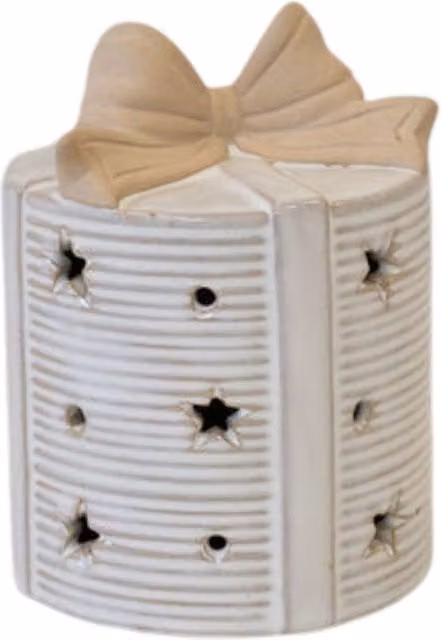 Four Candle Large Ceramic LED Present with Bow Topper, White, H: 13.0 cm, W: 10.0 cm, D: 10.0 cm