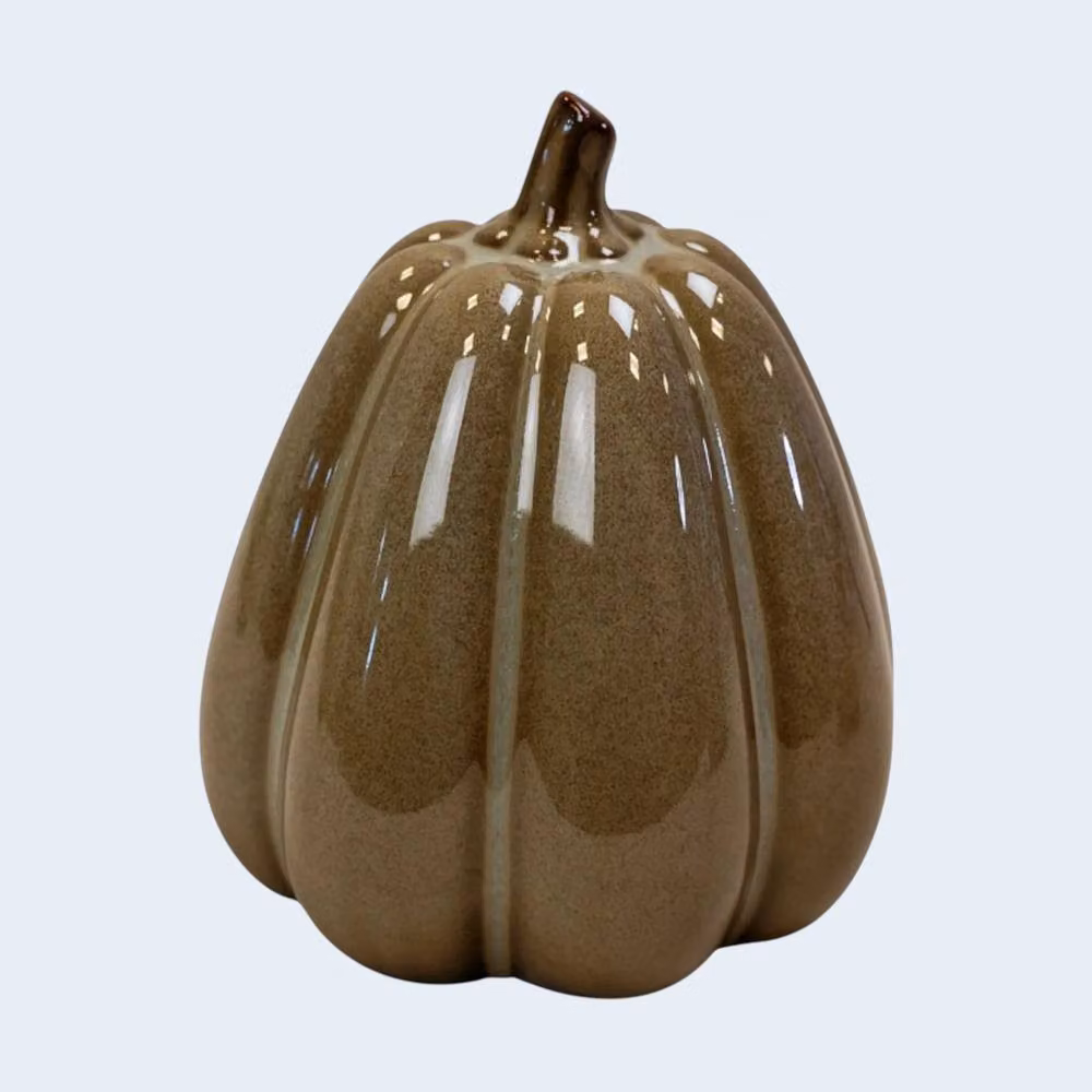 Four Candle Caramel Glazed Ceramic Pumpkin Ornament in Brown, Height: 15 cm – 2