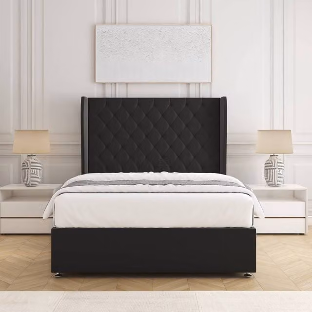 BSSPOKE Amelia Small Double Divan Bed Set with Plush Velvet Headboard and Mattress in Black, W/D/H: 120 x 200 cm