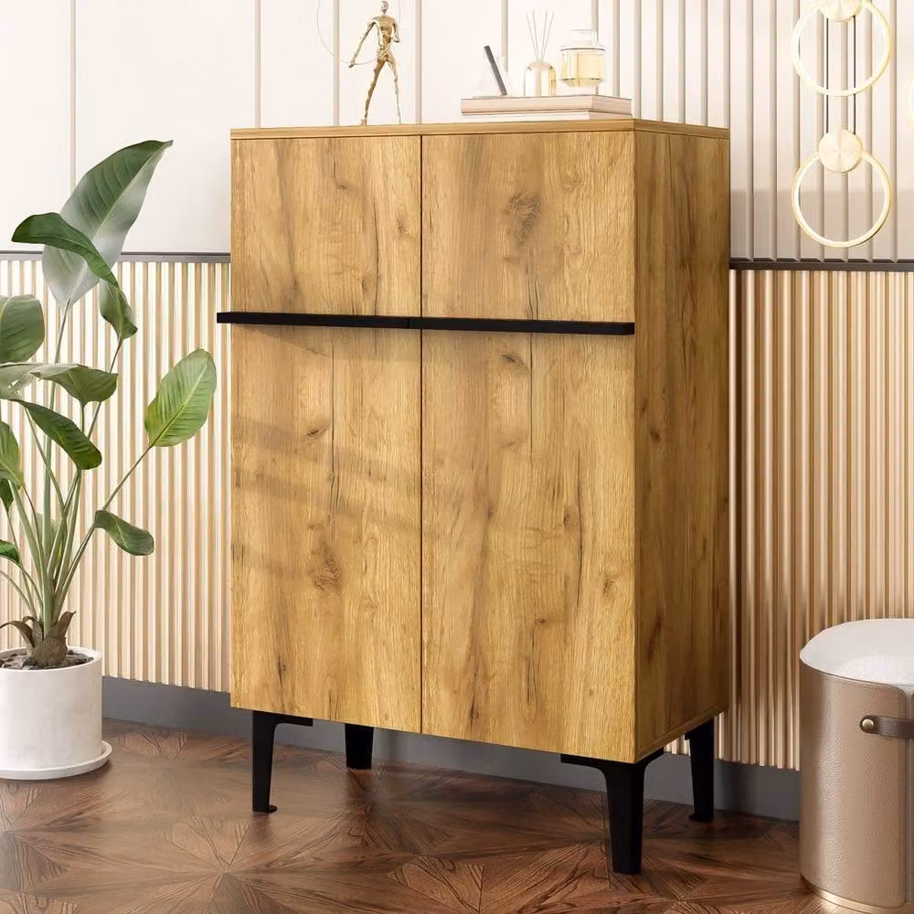 VOGREX Natural 5-Tier Adjustable Wooden Shoe Cabinet in Beige with Hinged Doors and Internal Shelves – 2