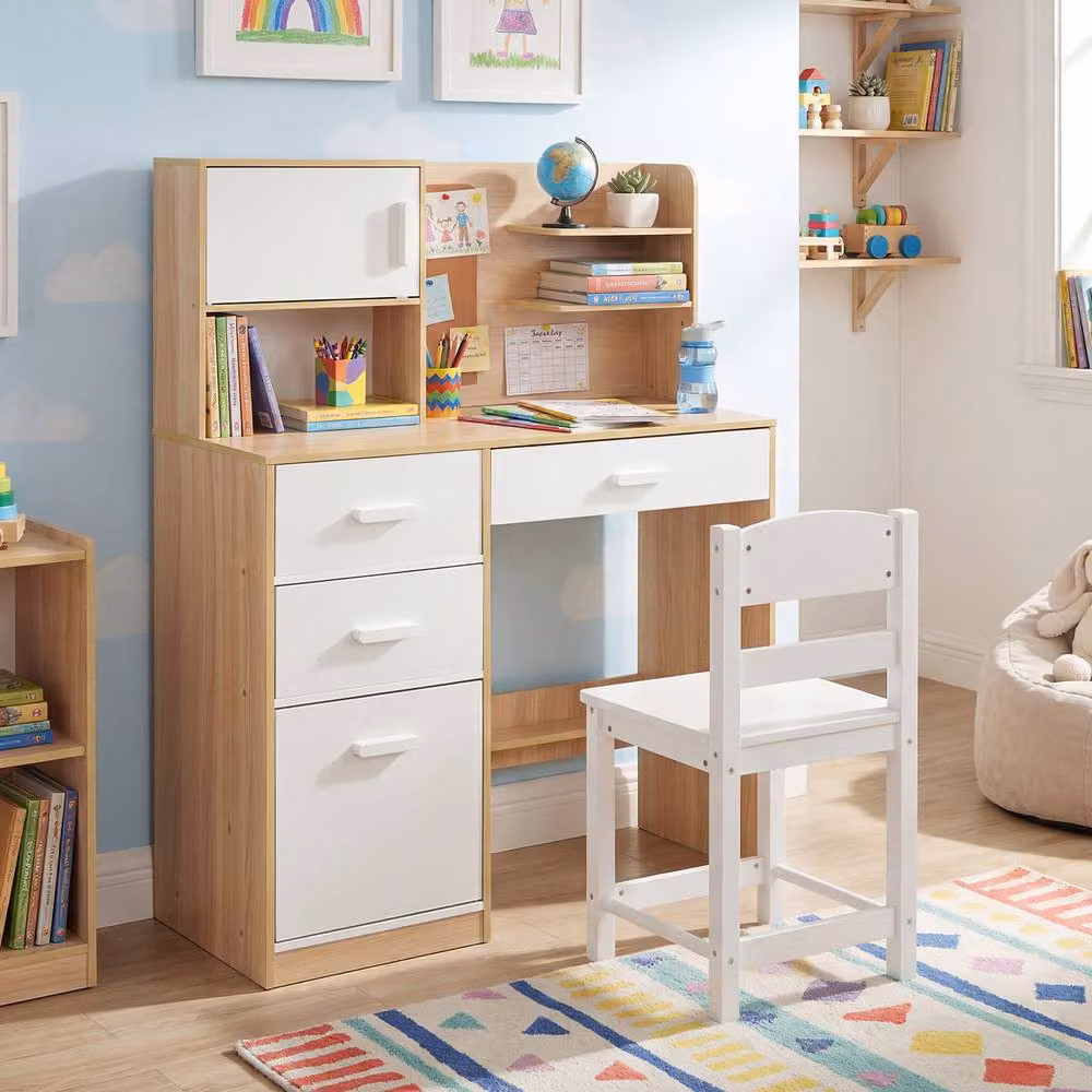 CASART Kids Wooden Desk and Chair Set with Hutch in Natural Pine – 2