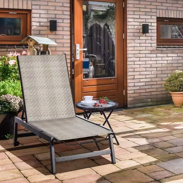 Outsunny Grey PE Rattan Sun Loungers with 5-Position Adjustable Backrest and Castors