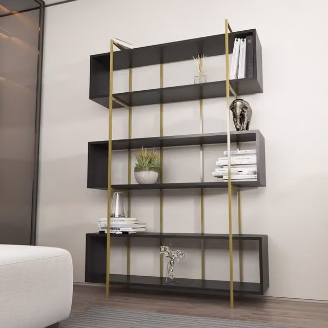 Decorotika Bruti 6-Tier Industrial Geometric Bookshelf in Anthracite and Gold