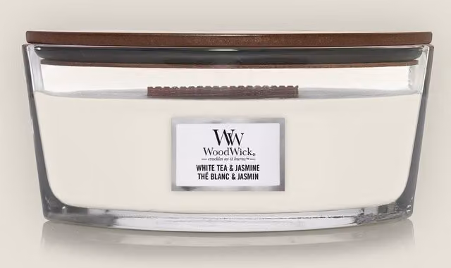 Woodwick White Tea and Jasmine Scented Tabletop Candle in White Glass