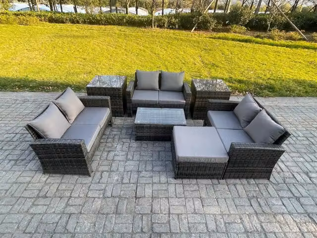 Fimous 7-Piece Polyrattan Garden Furniture Set in Dark Grey with Double Seater Sofa, Ottoman, Coffee Table and 2 Side Tables