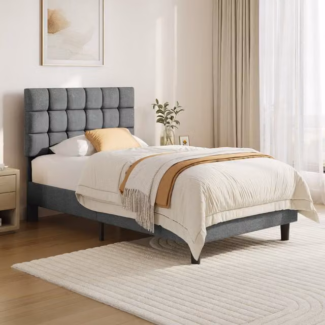 Yaheetech Modern Upholstered Platform Bed with Square Tufted Headboard in Grey