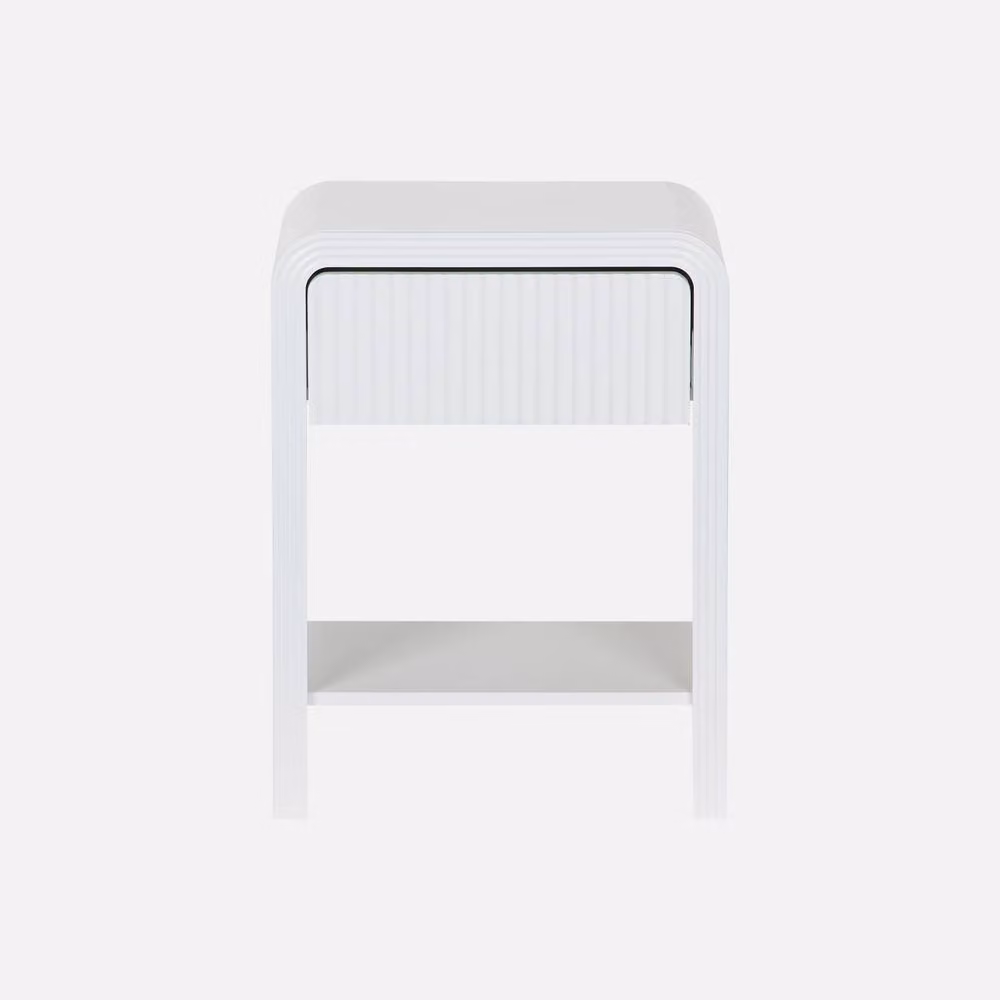 sweeek 1-Drawer Bedside Table with Grooved Wooden Effect in White, H: 53 cm x W: 40 cm x D: 30 cm – 2