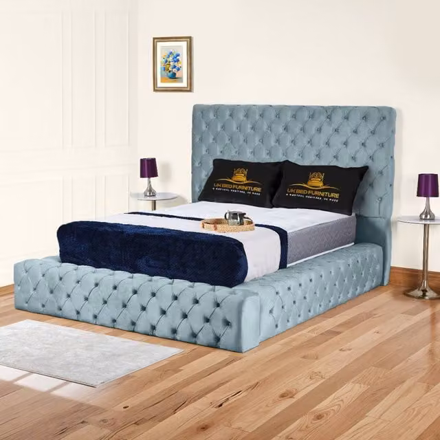 UK Bed Furniture Ambassador Ottoman Gas Lift Upholstered Velvet Bed in Blue, Size: 140 x 200 cm – 1