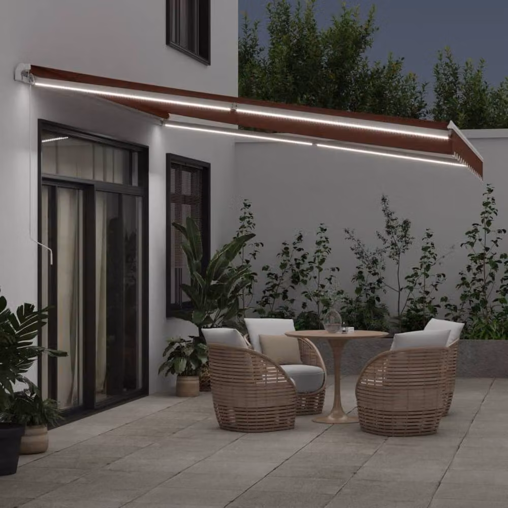 Berkfield Home Manual Retractable Awning with LED in Brown, W: 400 cm, D: 350 cm – 3