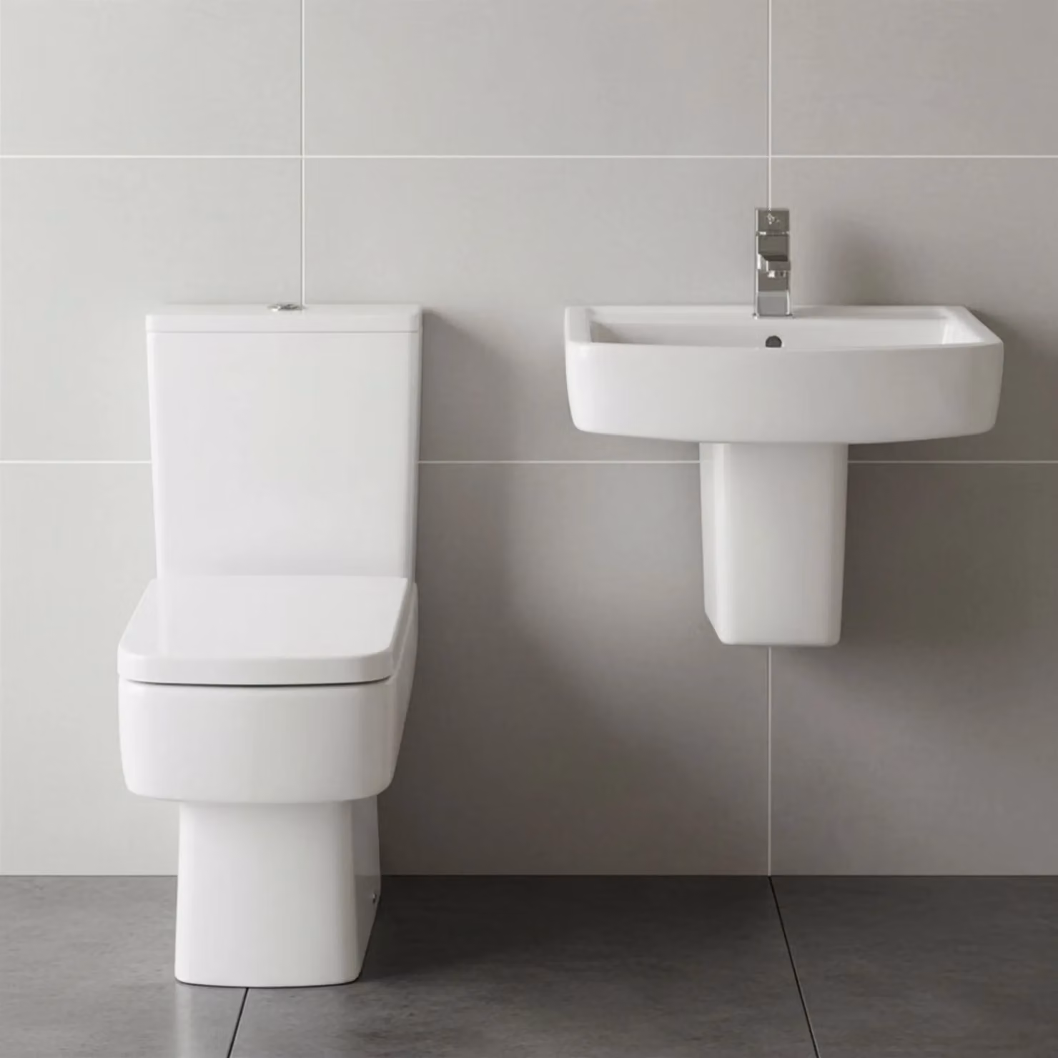 Balterley Optic Square Suite White Ceramic Toilet Soft-Close Seat and 520mm Semi Pedestal Basin – 2