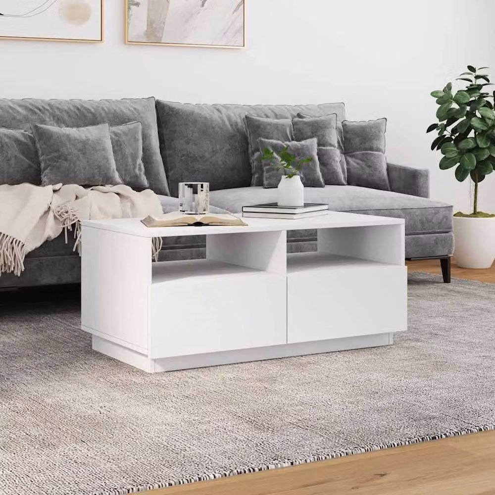 Berkfield Home Modern White Glossy Coffee Table with LED Lights W: 90 cm, D: 49 cm, H: 40 cm – 2