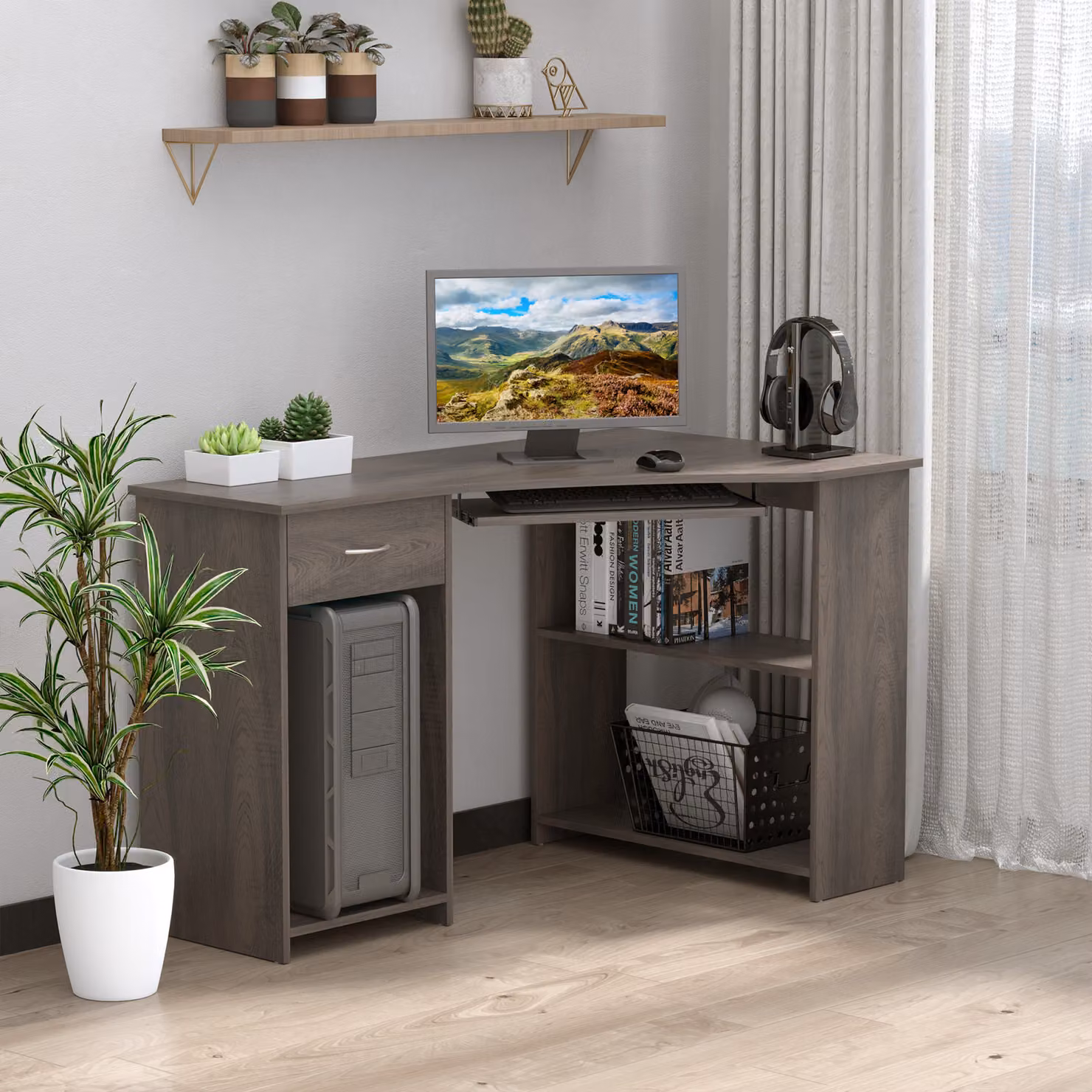 HOMCOM L-Shaped Corner Computer Desk with 2 Shelves, Keyboard Tray, Drawer and CPU Stand in Grey – 2