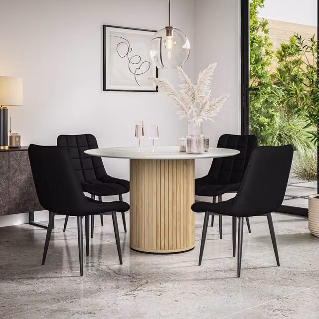 More4Homes Arlo White Marble Round Dining Table with Oak Legs and 6 Black Nova Faux Leather Dining Chairs Set, W: 120 cm, H: 75 cm