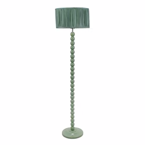 ValueLights Bobbin Stem Floor Lamp with Ruched Pleated Fabric Shade in Sage Green, H 145 cm x W 25 cm x D 25 cm
