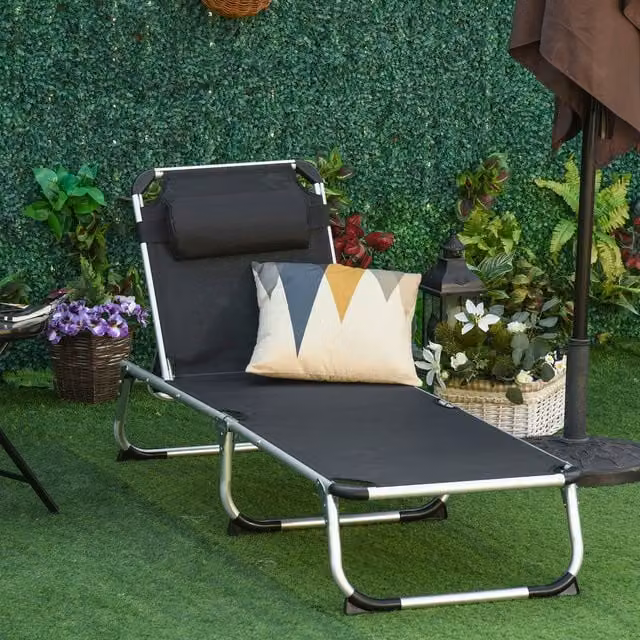 Outsunny Folding Outdoor Reclining Sun Lounger in Black with Textilene Fabric and Powder Coated Aluminium Frame