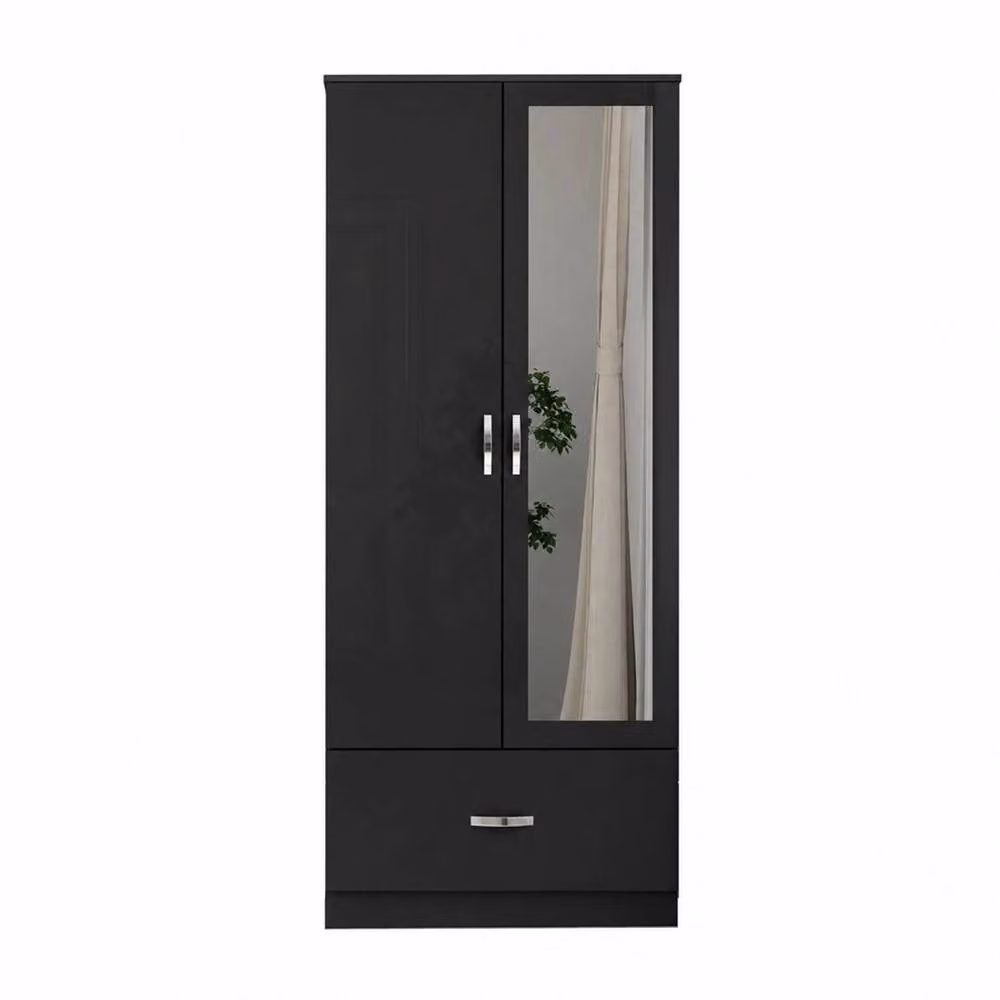 PAWNORA Modern Black Bedroom Wardrobe with Hinged Doors, Drawers and Mirror – 3