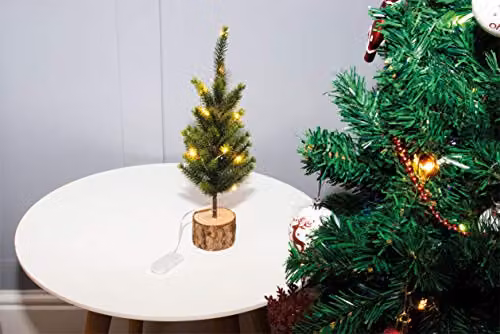 St Helens Home & Garden Battery Operated Green Wooden Effect Mini Tabletop Christmas Tree with LED String Lights – 3