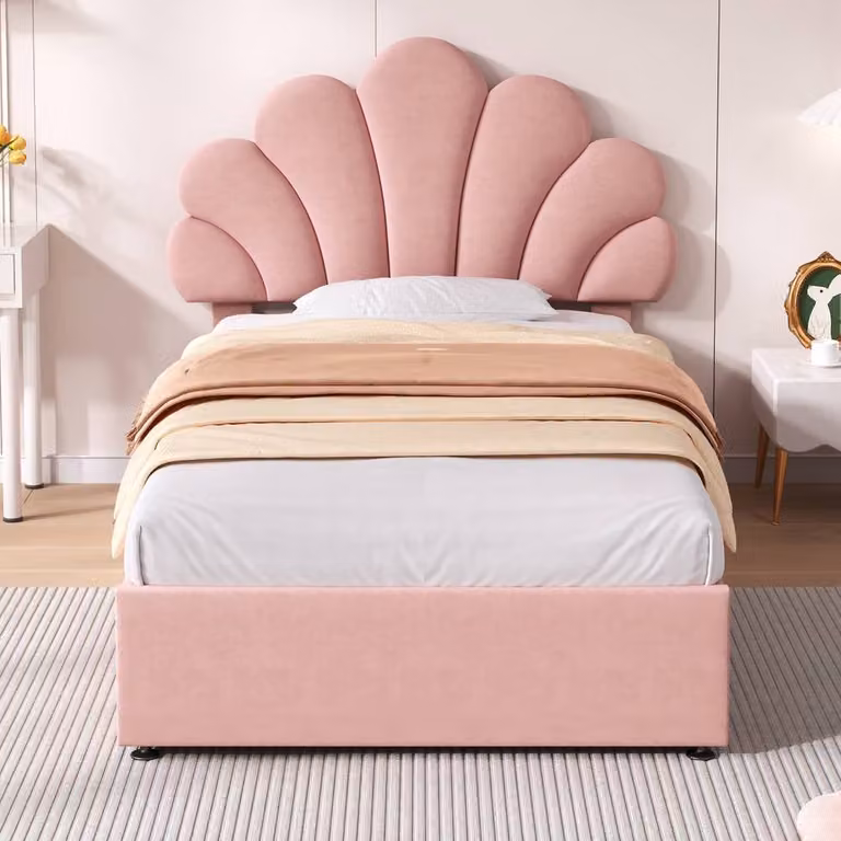 Rolipo Pink Velvet Bed with Hydraulic Storage and Petal Headboard, W/D/H: 140 x 200 cm