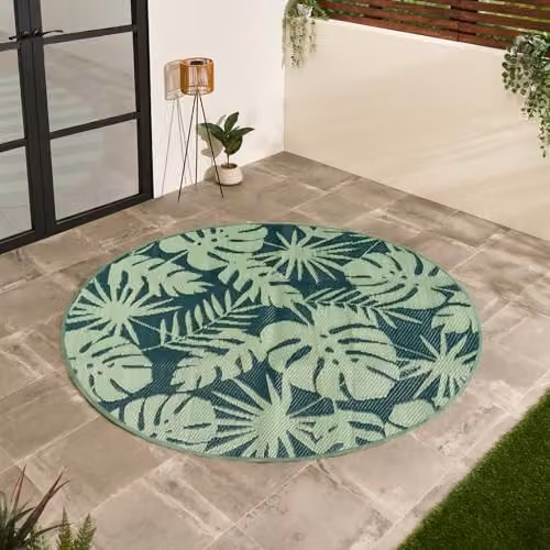 OHS Round Palm Print Outdoor Garden Rug, Green, Diameter: 170 cm