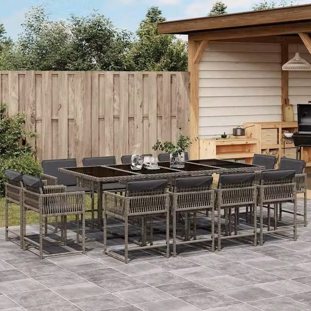Berkfield Home 13 Piece Grey Poly Rattan Garden Dining Set with Cushions and Glass Tabletop – 1