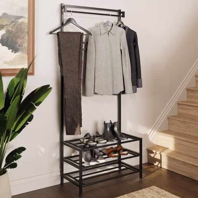 FWStyle 3 Tier Black Metal Hallway Coat and Shoe Rack with Rail, H 181.5 x W 77.0 x D 38.0 cm