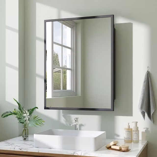 Livingandhome Modern Black Wall Mounted Bathroom Storage Mirror Cabinet with Glass Doors and Internal Shelves