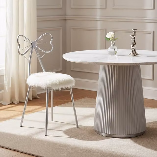 Orsina Silver and White Faux Fur Bow Back Dining Chair with Metal Legs – 1