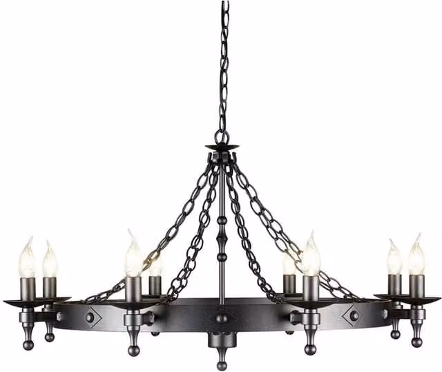 Elstead Warwick 8 Light Vintage Suspended Chandelier in Black Metal with E14 Fitting